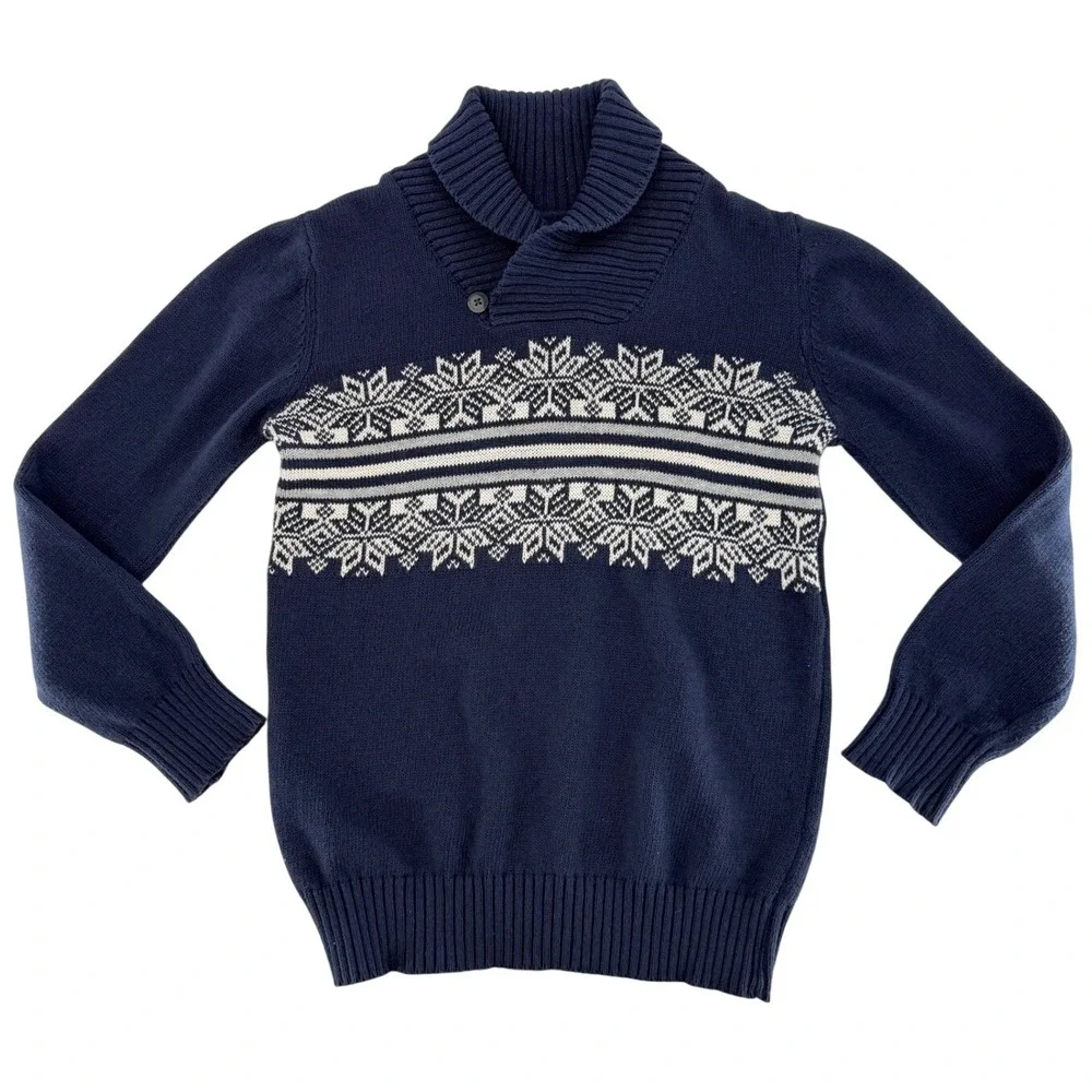 The Childrens Place Boys Navy Blue Fair Isle Snowflake Shawl Collar Sweater 7/8‎
